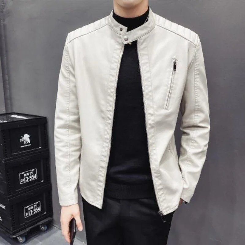 

Fashion Men's Autumn New Stand Collar Leather Jackets Motorcycle Men Clothes Korean Male Casual PU Outerwear