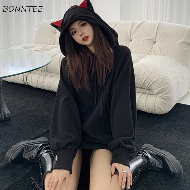 

With Hat Hoodies Women Kawaii Plus Velvet Warm Simple Winter Korean Fashion Loose Leisure Ins Basic Design Hot Sale Stylish Tide