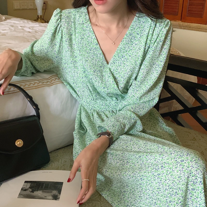 

high quality Elegant V-neck Floral Print Women Puff Sleeve Spring Vestidos Full Sleeve Slim Waist Vintage Female A-line Dress