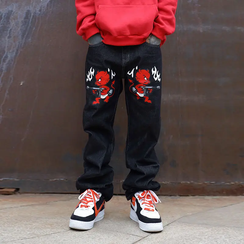 Men's jeans American street little devil retro Y2K niche print black denim hiphop hip hop loose straight fried street trousers