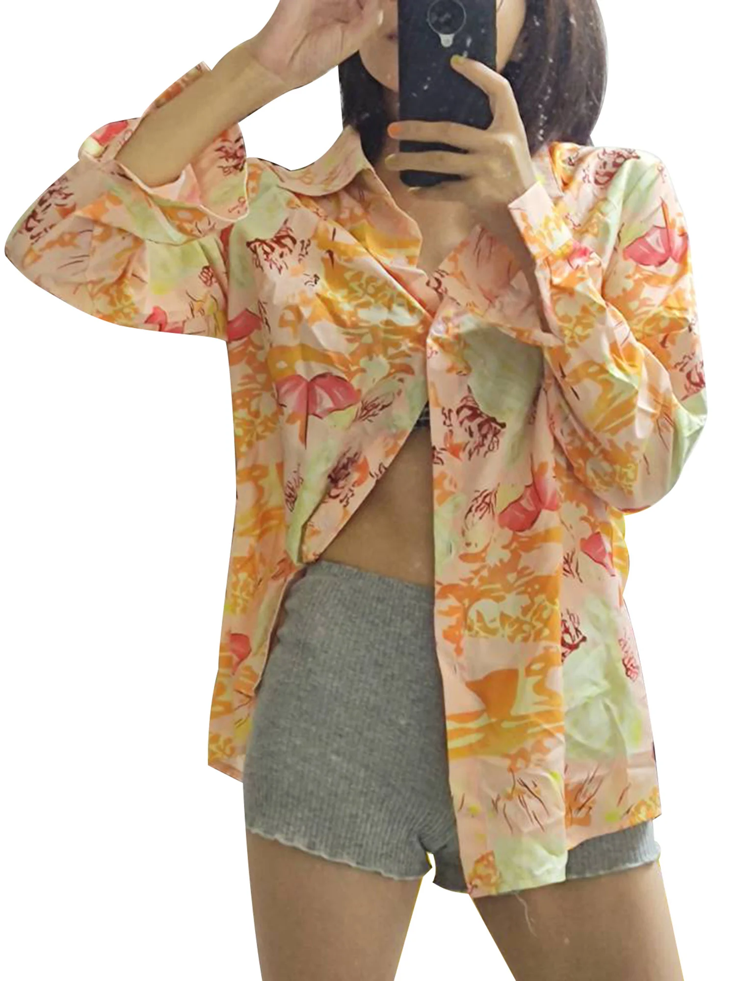 

2022 Women's New Retro Printing Long-Sleeved Shirt Lapel Button Casual Travel Shopping Fashion Casual Loose Simple Home Style