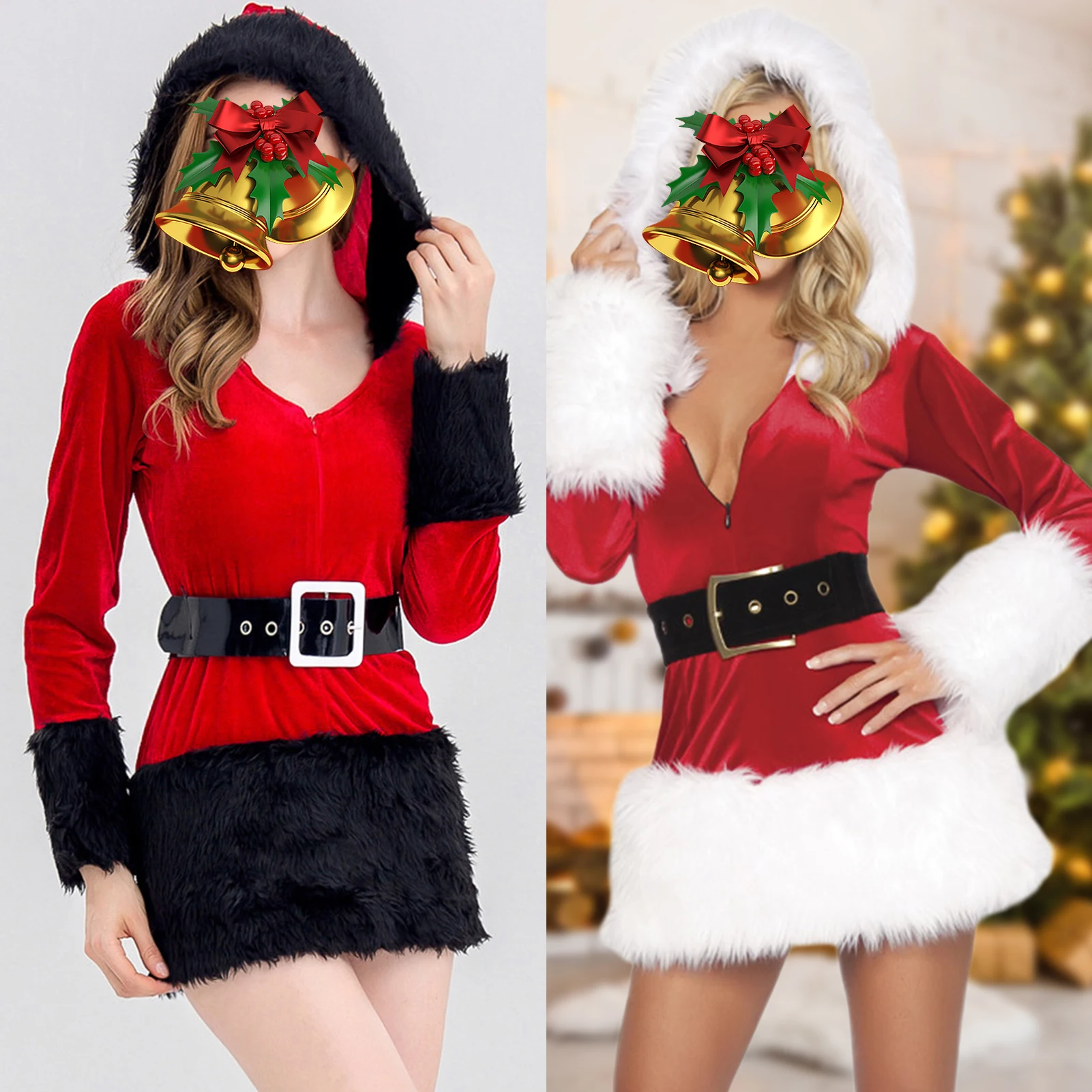 

Women Santa Clause Costume with Hat Long Sleeve with Belt Vacation Outfit Ladies Santa Claus Party Suit Festival Style Warm Set