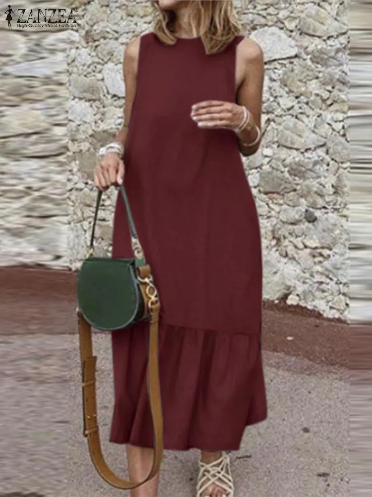 

Платье ZANZEA женское с оборками на подоле, Модный повседневный Однотонный сарафан с круглым вырезом, элегантное хлопковое, большие размеры, на лето