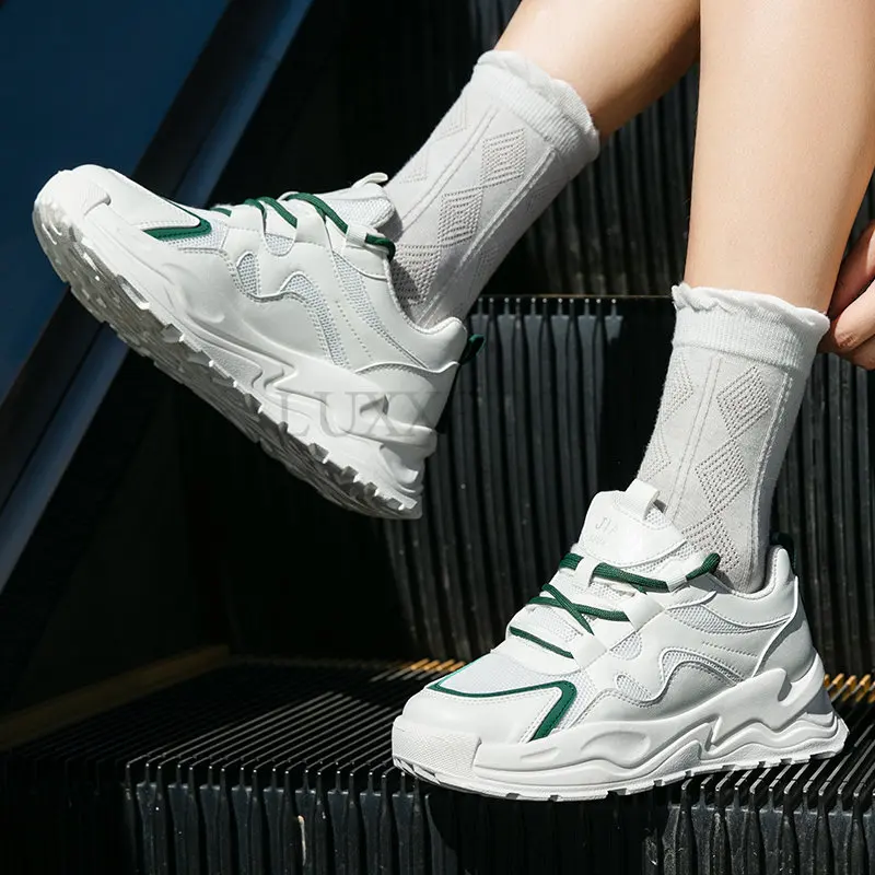 Women Leather Platform Sneakers Spring Trainers White Shoes High Heels Wedge Outdoor Sport Shoes Breathable Casual Shoes