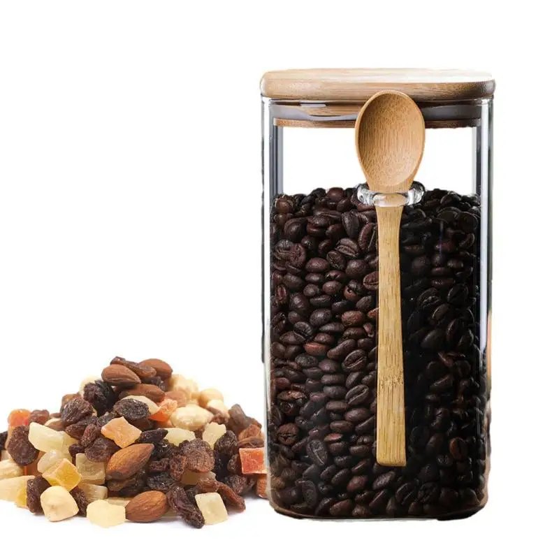 Glass Storage Container With Wood Lid Glass Bottle With Spoon Storage Glass Jar Food Tank Clear Coffee Canister For Kitchen
