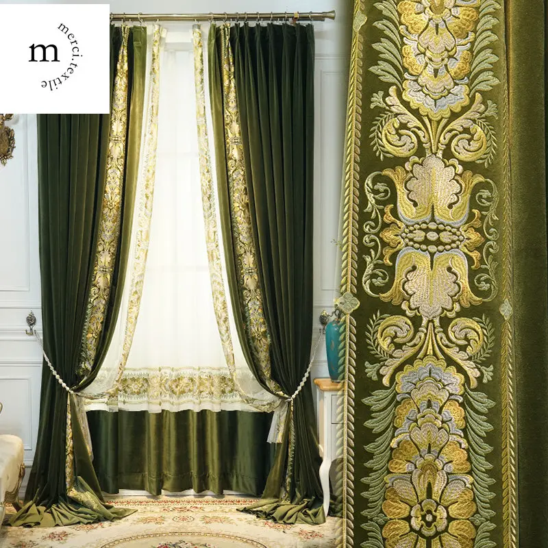 

Retro American Embroidered Floral Velvet High-end French Light Luxury Bay Window Balcony Curtains for Living dining room bedroom
