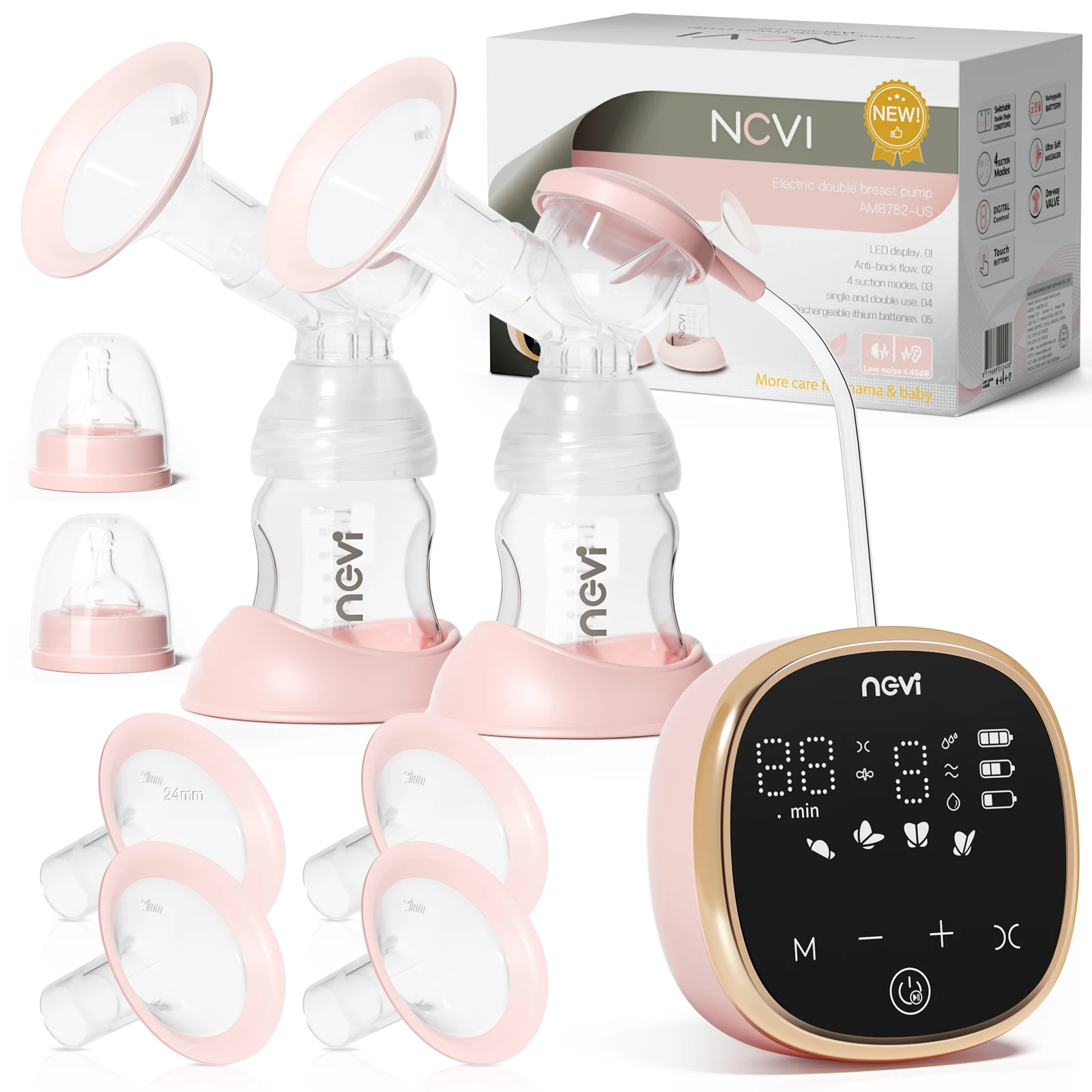 NCVI Double Electric Breast Pumps 4 Modes & 9 Levels with 4 Size Flanges & 10pcs Breastmilk Storage Bags