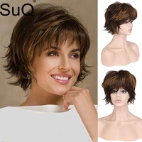 suq wigs for women synthetic short wig with bangs mixed light brown straight wigs heat resistant hair