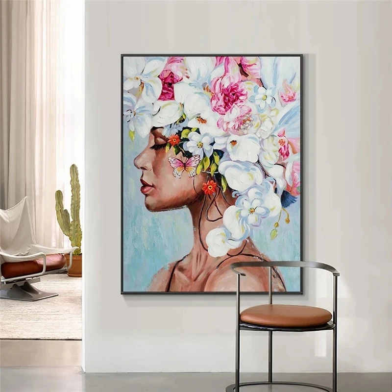 

Abstract Woman with Flower Butterfly Canvas Painting Cuadros Posters and Prints Modern Decoration Wall Art for Living Room Decor
