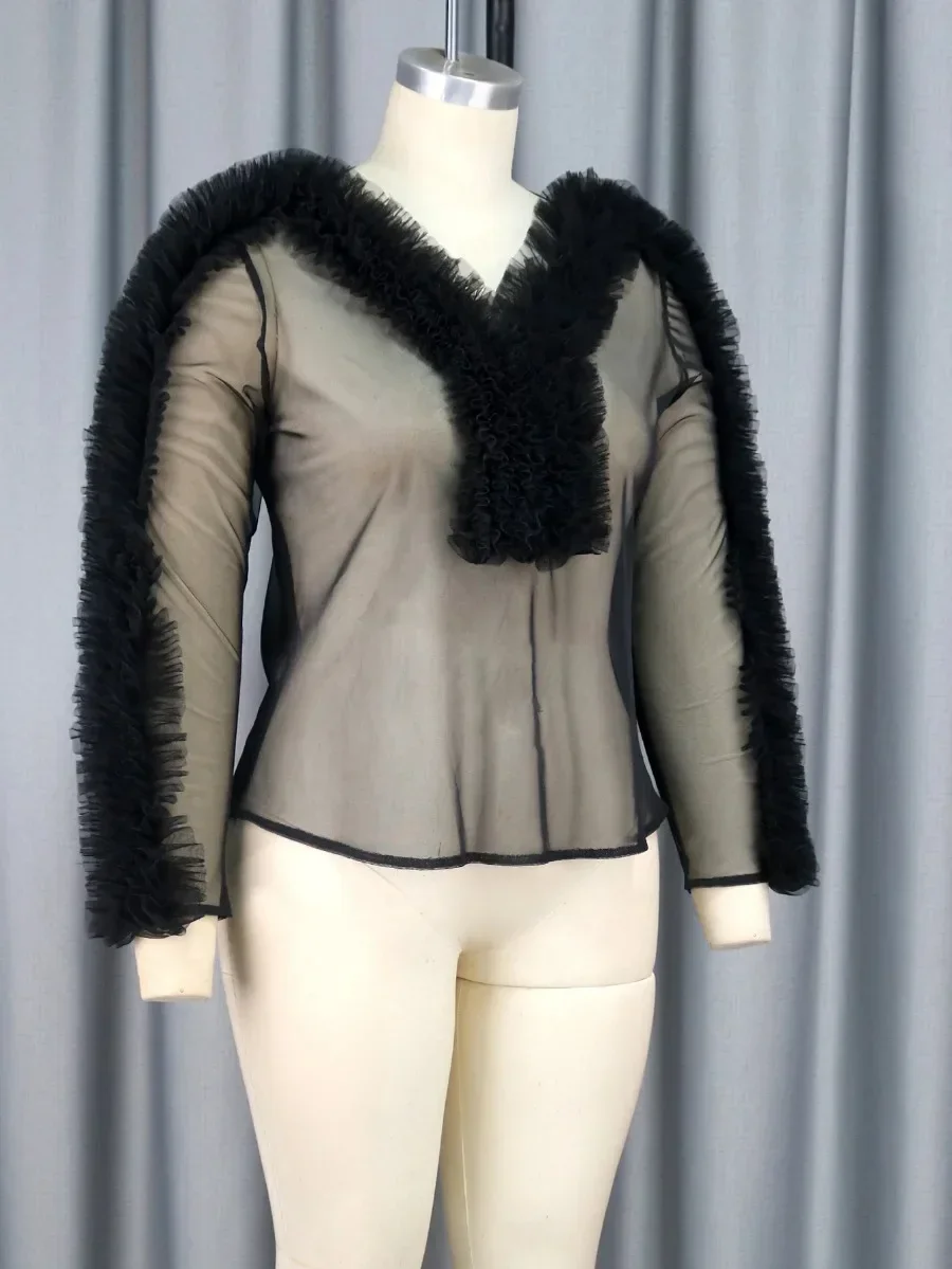 Черные прозрачные топы с V-образным вырезом пуловер оборками повседневные блузки