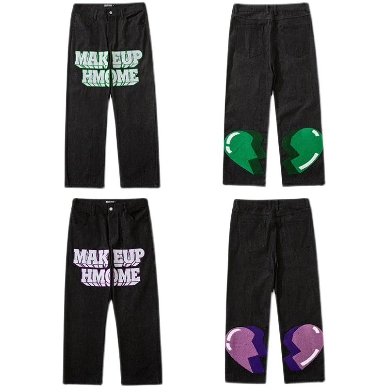 Джинсы Y2k с вышивкой в виде сердца для мужчин и женщин модные прямые штаны стиле