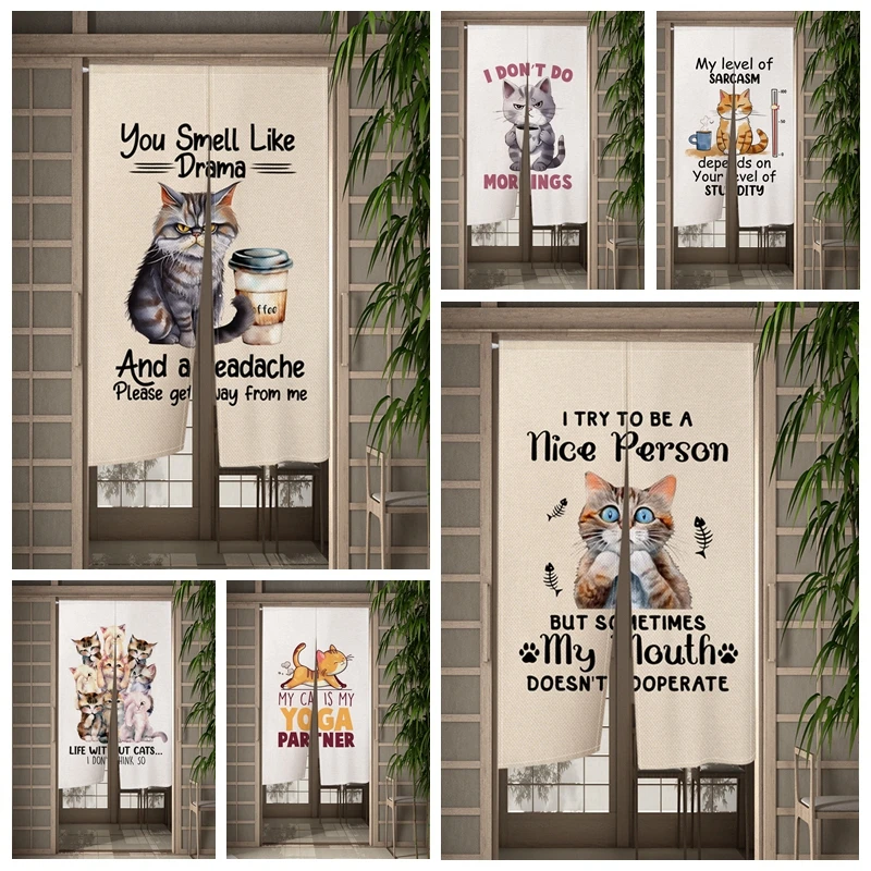 

Funny Cute Cat Door Curtain Words Dining Room Door Decor Curtains Partition Curtain Drape Kitchen Entrance Hanging Half-Curtain