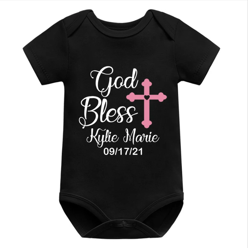 

Christening God Bless Baby Romper Baby Name Onesie Baptism Gift Baby Bodysuit Religious Keepsake Baby Girl Christening Outfit