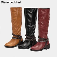 winter womens knee high riding boots wide zip pu leather high boots woman low heels ladies round toe buckle belt long boots
