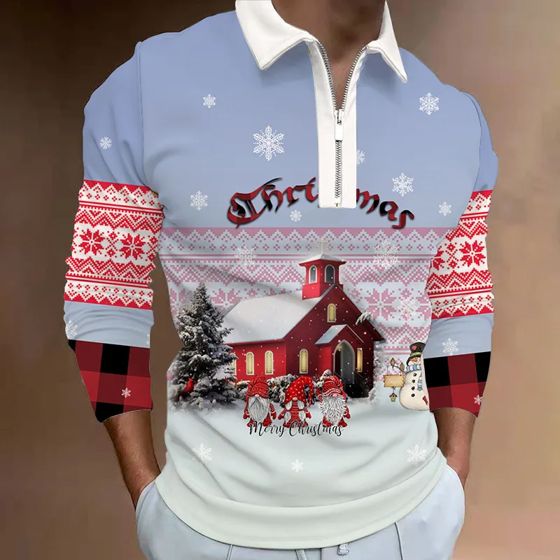 

Christmas Men's Casual Autumn Long Sleeve Polo Shirts Men Male Zip Tee Shirt Men Tops Street Golf Clothing Clothes For Men 2022