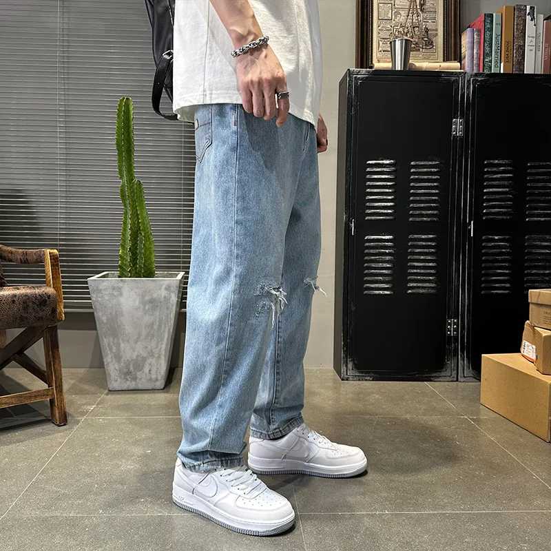 American Street Fashion Men Jeans Retro Blue Loose Fit Ripped Jeans Men Wide Leg Trousers Patched Designer Straight Pants Hombre