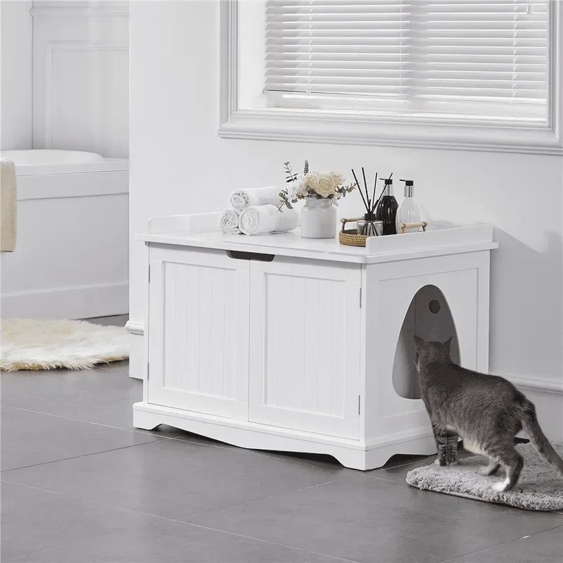 

Wooden Pet Litter Box for Pets Cat Hidden Washroom Bathroom with Door, White