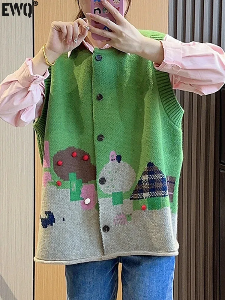 

[EWQ] Contrast Color Cartoon Embroidery Single Breasted Knitted Cardigan Vest Outerwear Women's Tank 2023 Autumn Winter 16U6471
