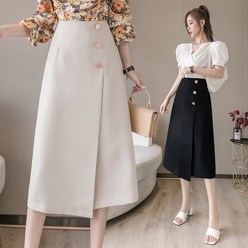 

High Waist Hong Kong Style Cover Cross A- line Skirt 2022 Summer Retro Mid-Length Commuter Business Skirt