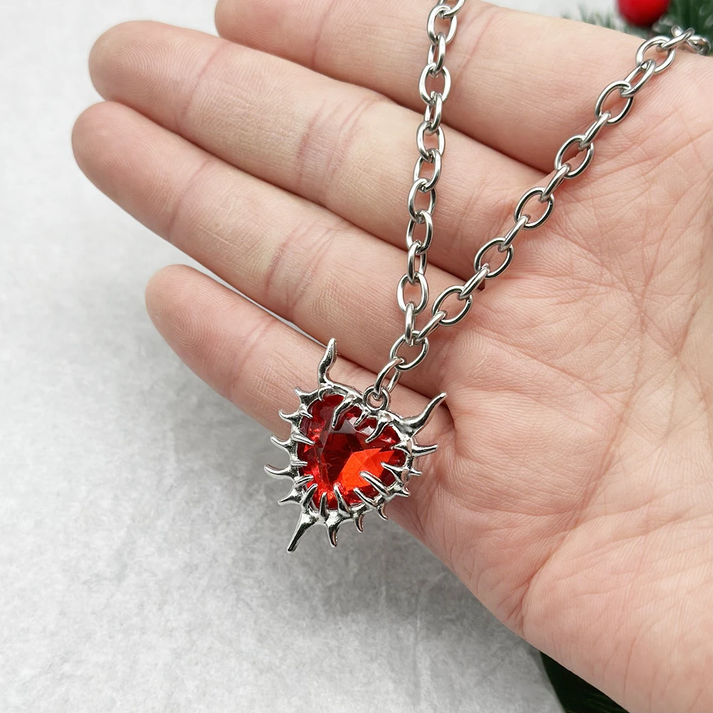 Y2K Gothic Spiky Red Glass Heart Pendant Necklace for Women Punk Grunge Liquid Metal Thorn Spiked Gift Her
