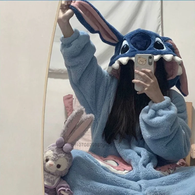 New Stitch Plush Pajama Sets Women Winter Warm Home Thicked Clothing SuitsY2K Girl Disney Cartoon Cute Hooded Nightgown Female