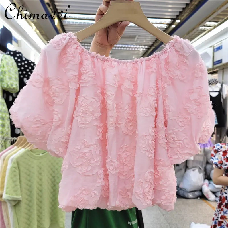 

Short-Sleeved Shirt Top for Women Summer 2022 New Fashion Sweet Heavy Floral Loose All-Matching Puff Sleeve Blouse All-matching