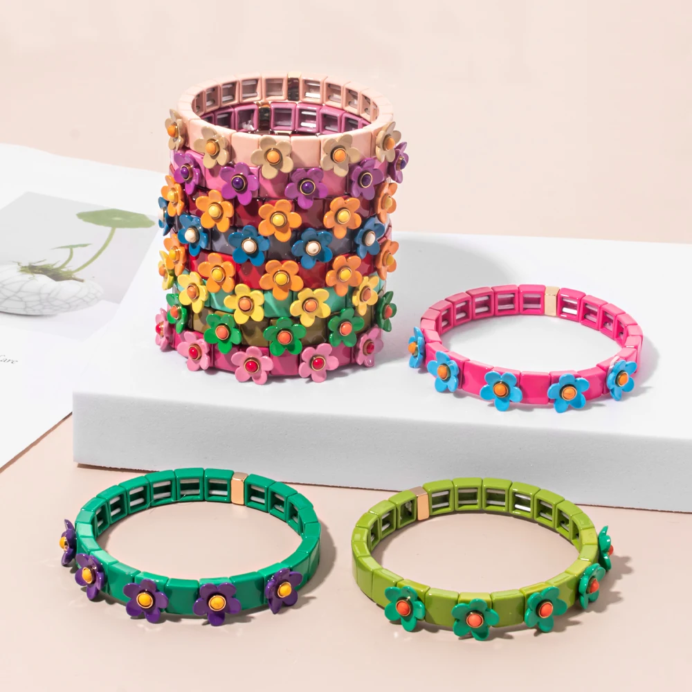 

Miyouke Women Handmade Enamel Bracelet Colorful Flower Painted Beads Bangles Stretch Tile Beaded Bracelets 2022 Fashion Jewelry