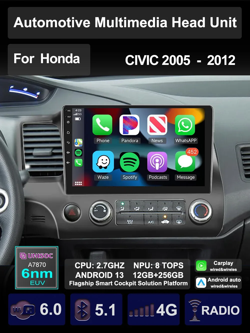 Для Honda civic 2005-2012 Автомобильный Android 13 мультимедийный Carplay GPS AI голосовая навигация