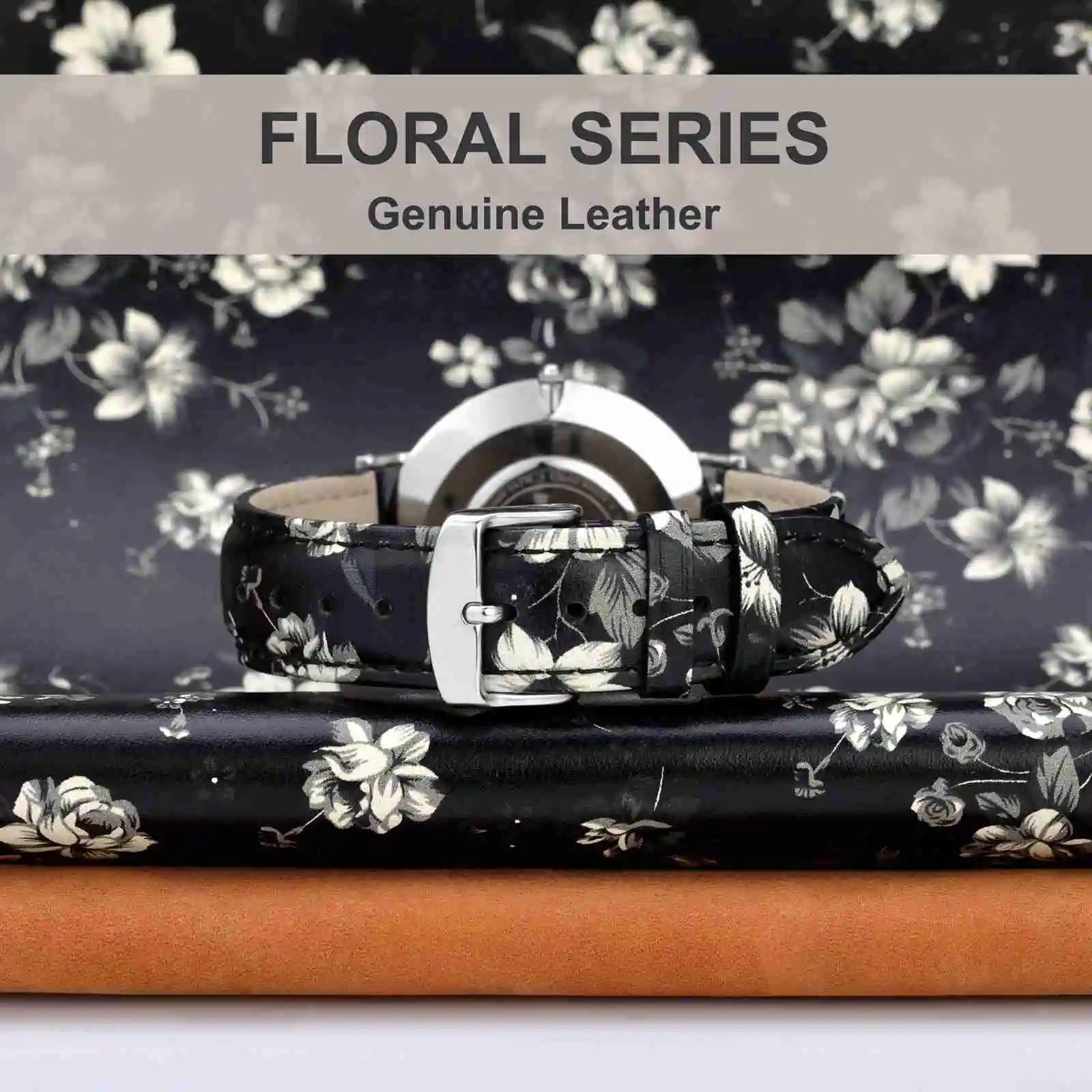 WOCCI Women Flower Watch Band Genuine Leather Strap 18mm 20mm 22mm Watchband Quick Release Bracelet Stainless Black Buckle