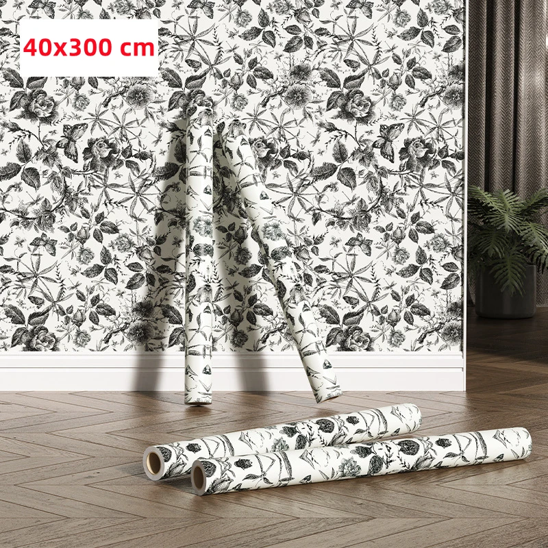 

3M/roll European Style Flower Print Wallpaper PVC Wall Stickers Self-adhesive Waterproof Wall Decor Sticker for Bedroom Kitchen