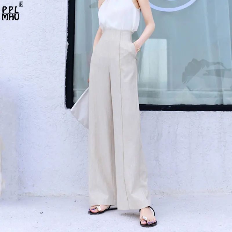 Spring Korean Style Office Pants New Female Chic Vintage Straight Trousers Solid High Waist Baggy Wide Leg Pants Women
