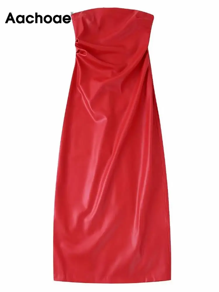 

Aachoae Club Party Solid Color Midi Dress Women Fashion Strapless Sleeveless A Line Dress Ladies PU Faux Leather Pleated Dress