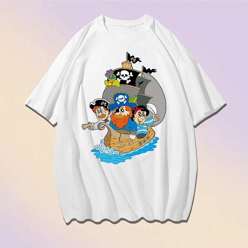 

Футболка мужская оверсайз с круглым вырезом, модный топ с принтом корабля, пирата, Повседневная Уличная одежда с коротким рукавом, лето