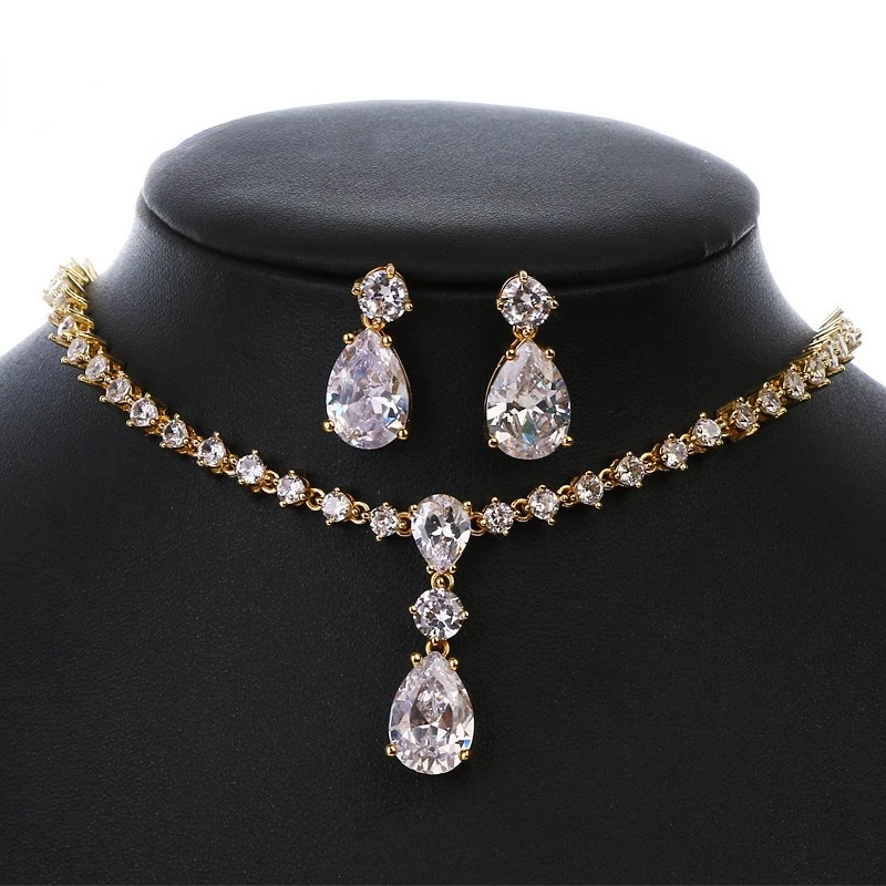 

AMC Bridal Luxury Earring Necklace 2pc Set Zircon Asymetrical Water Drop Wedding Party Jewelry Accessories Gifts for Women