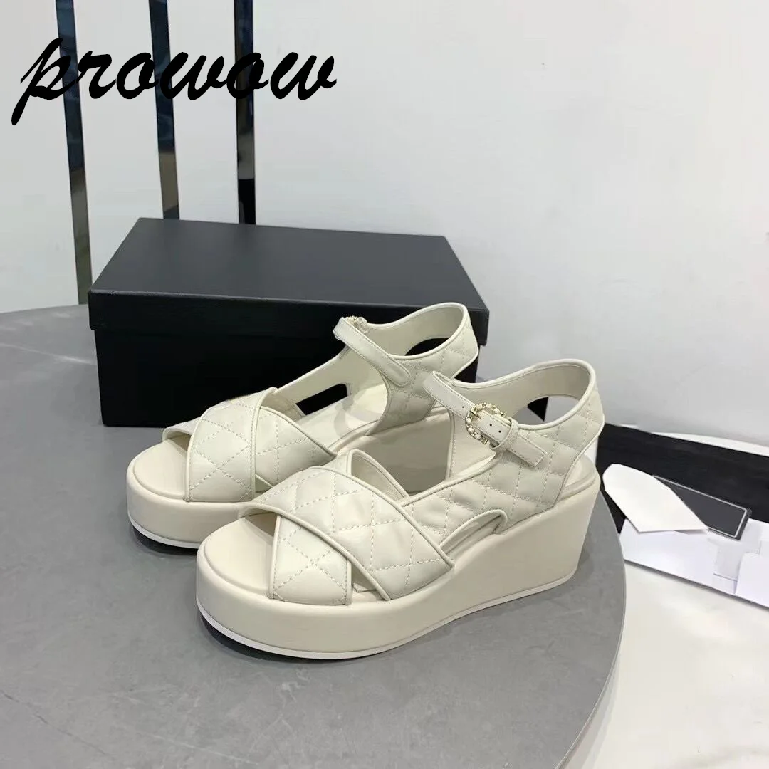 Prowow New Genuine Leather Open Toe Buckle Strap Wedges Sandals Black Beige Summer Sanals Heels Platform Shoes Women