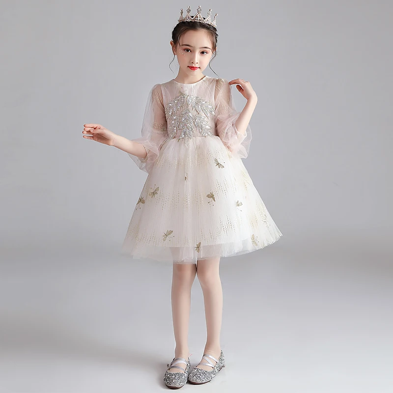 

Flower Girls Wedding Formal Dress Korean Luxury Temperament Three Quarter Sleeves Tulle Evening Dresses Performance Show Gowns