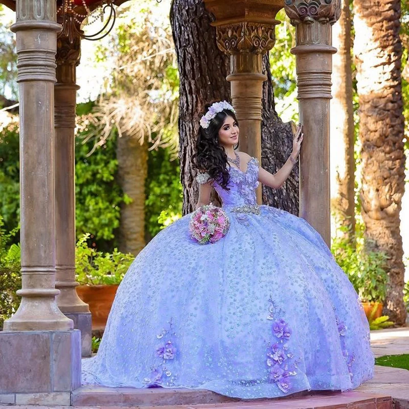 

Lavender Shiny Quinceanera Sweet 16 Dresses Lace Applique 3D Flower Off Shoulder Lace-up Prom Ball Gowns Graduation 7th