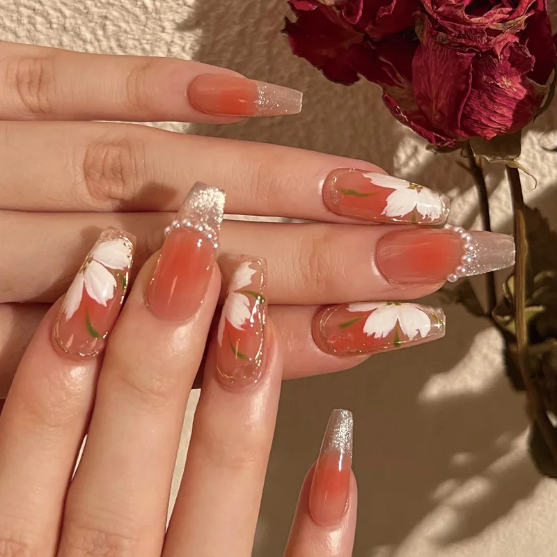 

24Pcs Artificial Fake Nails With French Laser Flower Pearl Design Long Ballet ABS Press On Nail Art Tip Detachable Manicure Tool