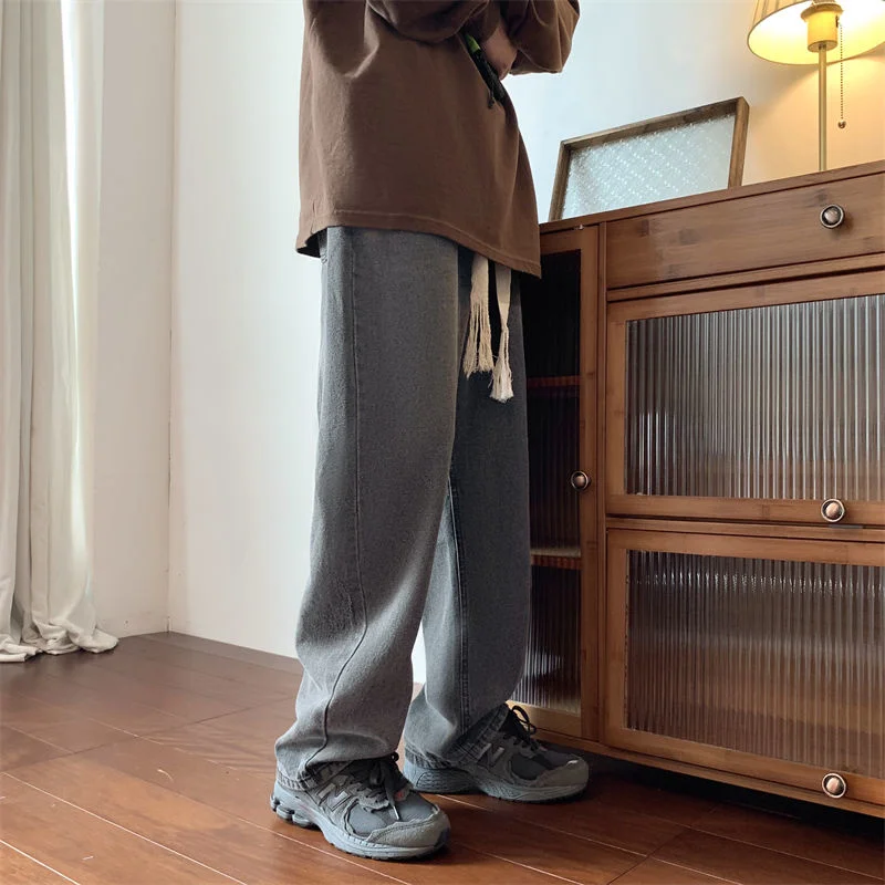 Blue Black Baggy Jeans Men Fashion Casual Drawstring Wide Leg Jeans Men Streetwear Hip Hop Loose Straight Denim Trousers Men