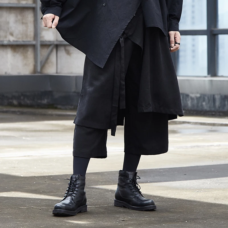 

Men Fake 2PCS Splice Loose Casual Wide Leg Pant Male Women Japan Kimono Streetwear Hip Hop Gothic Punk Skirt Trousers Harem Pant