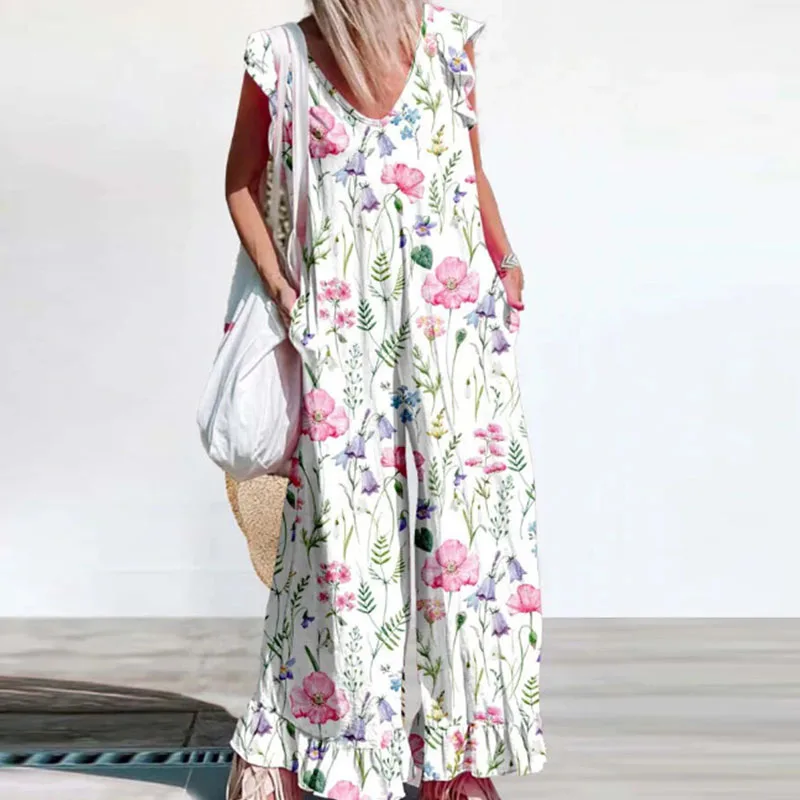 

Casual Loose Pocket Wide Leg Jumpsuit Women's Elegant V-neck Ruffled Short Sleeve Romper New Fashion Flower Print Beach Playsuit
