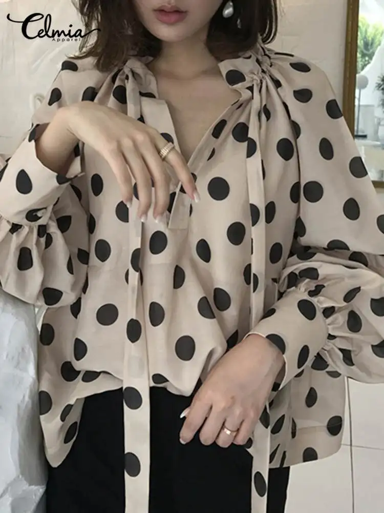 

Celmia Women Lantern Long Sleeve Blouses 2022 Fashion Bow Tie OL Shirts Sexy V Neck Casual Tops Stylish Polka Dot Blusas