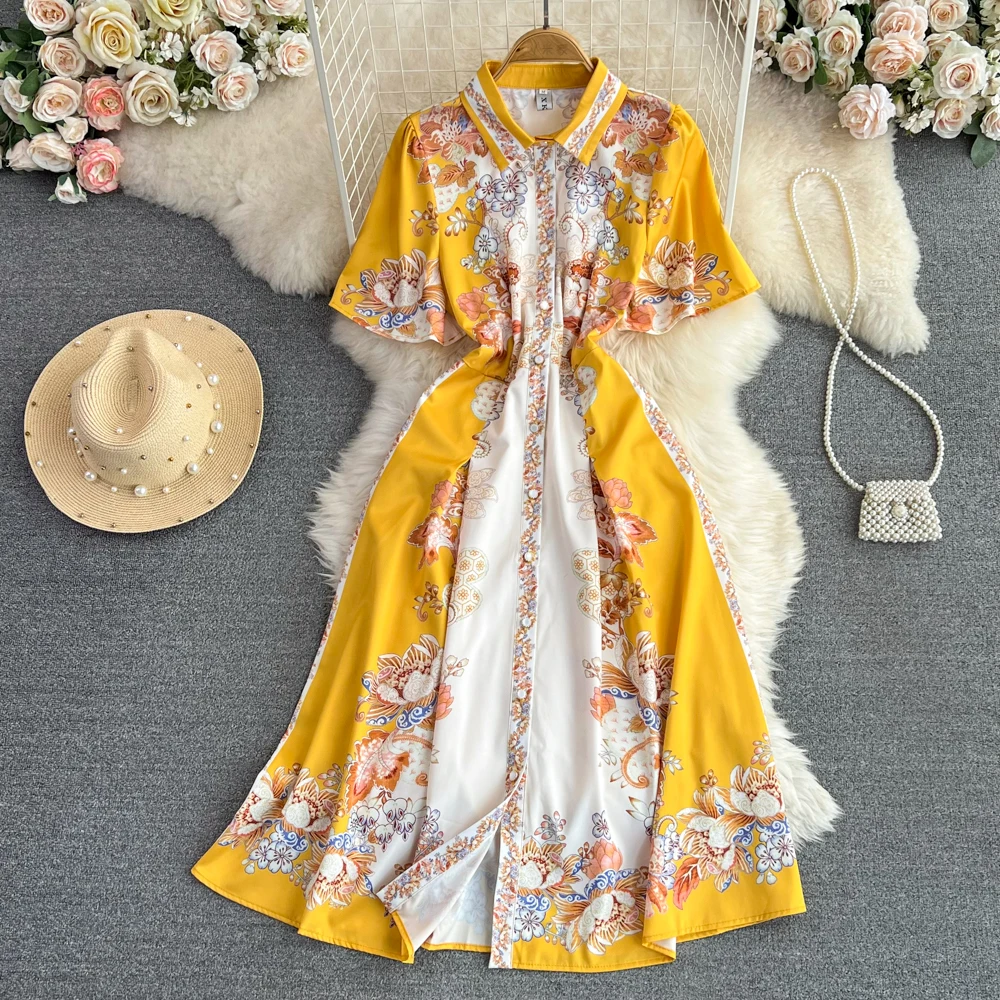 Runway Vintage Floral Print Midi Dress Women's Clothes Summer Shirt Collar Short Sleeve Single Breasted Party Vestidos A6834