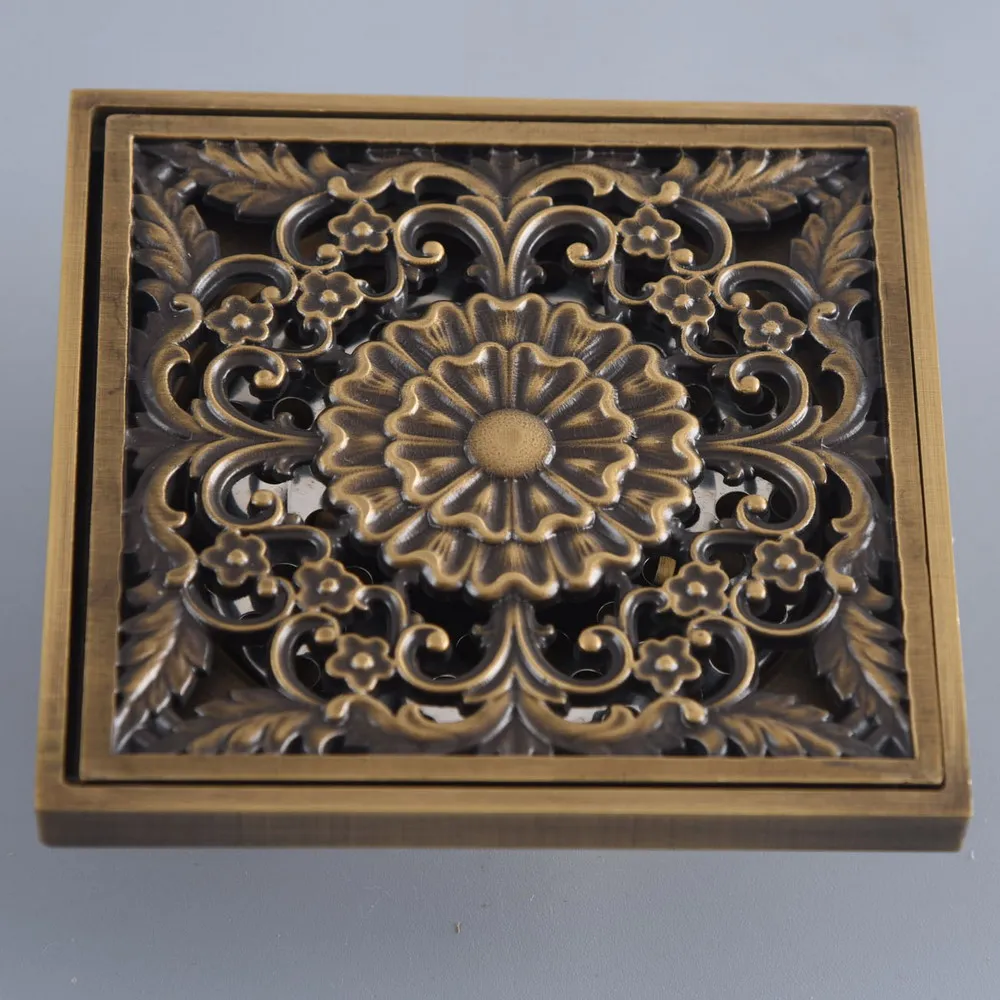 

Antique Brass Carved Flower Pattern Bathroom Shower Drain 4" Square Floor Drain Waste Grates Bathroom Accessory mhr124