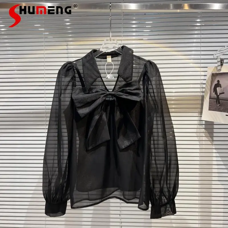 

2022 Spring New Female Fashion Classic Style Bow Shirt Women's Two-Piece Transparent Fairy Mesh Top Sexy Solid Color Blouses