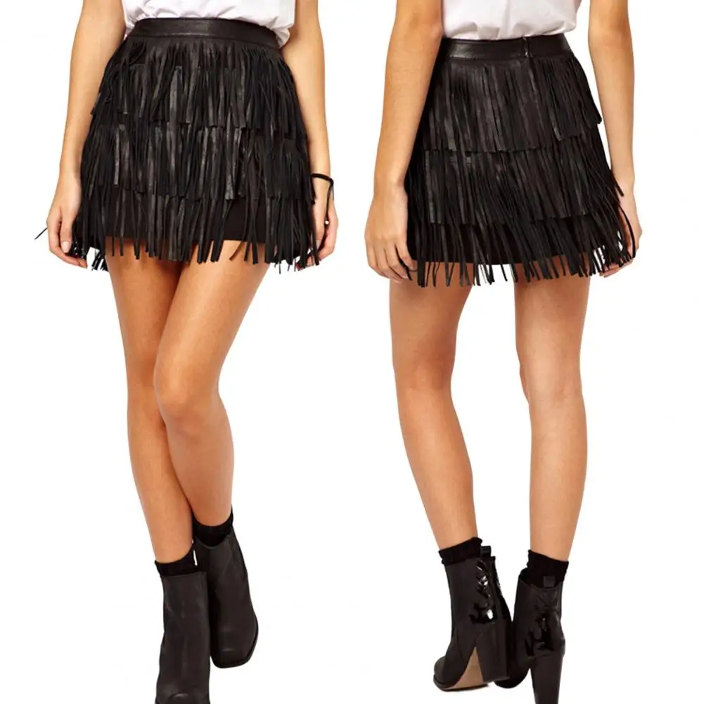 

Women Sheath Skirt Solid Color Multi Tassels Mini Skirt Above Knee Clubwear Dress-up High Waist Back Zipper Fall Spring Skirt fo