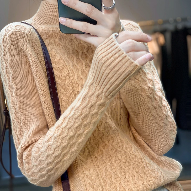 2022 Autumn Winter Women Cashmere Sweater Grey White Camel Sculptured Knitwear Mock Neck Soft Warm Sheep Wool Knitted Tops Lady