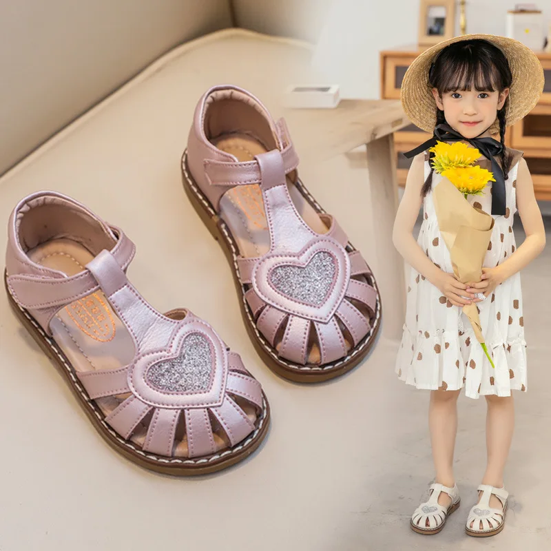 

2022 Summer Girls Sandals Brand Design Soft Comfortable Genuine Leather Sandals Big Children Baby Girls Closed Toe Flat Shoes