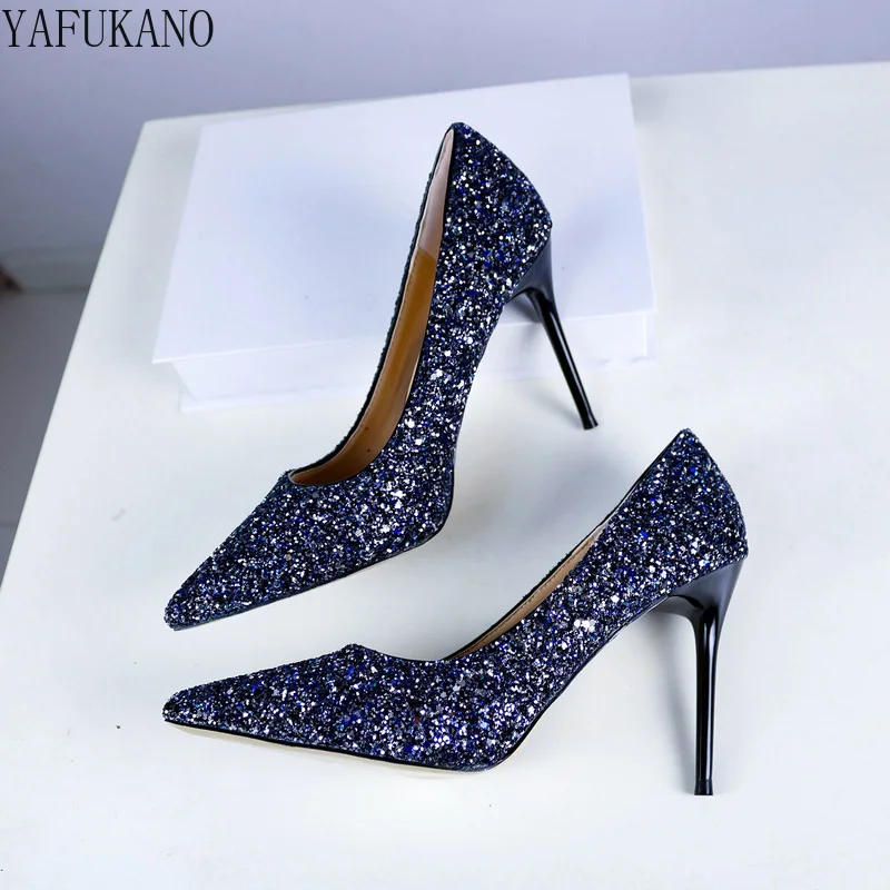 

Shiny Bling Pointed Toe High Heels Stiletto Sexy Shallow Mouth Single Shoes Wedding Banquet Nightclub 10Cm Pumps Plus Size 42 43