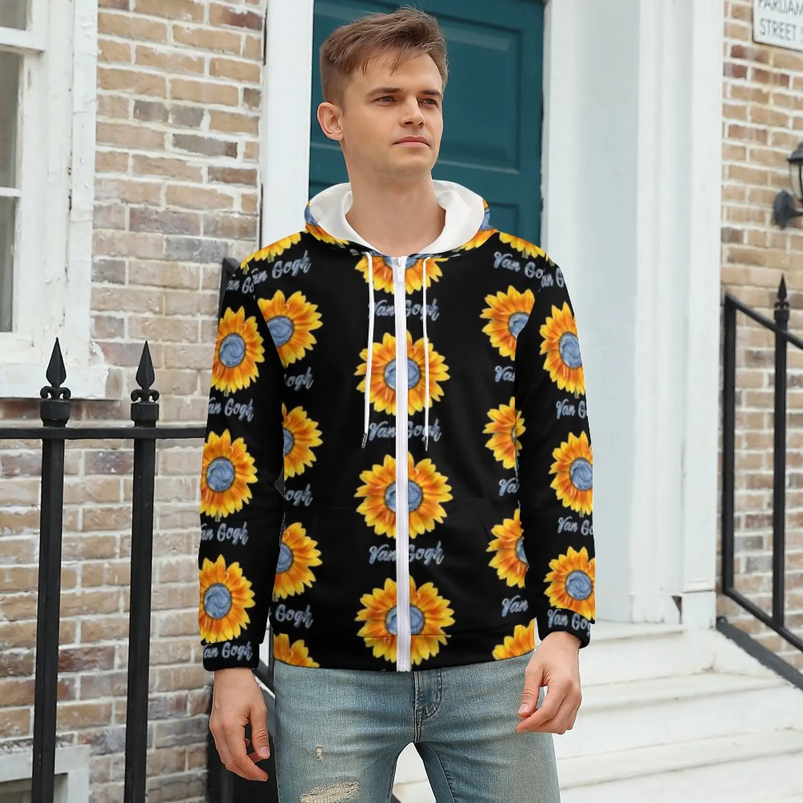 

Sunflower Art Hoodies Van Gogh Starry Night Sunflowers Warm Polyester Hoodie Stylish Zip Up Hoodie Men Plus Size